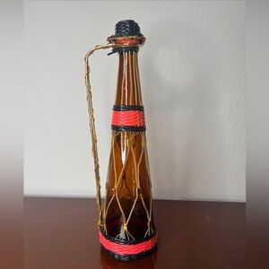MCM Amber Glass Bottle Decanter Jug Metal Handle Woven Wire Spain Bulliconte